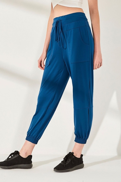 Trendy Simple Plain Drawstring Waist Elastic Cuff Sport Yoga Tapered Pants