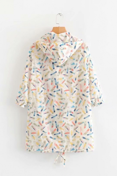 Unique Fashion Rainbow Pencil Printed Hooded Zip Up Sun Protection Longline Coat