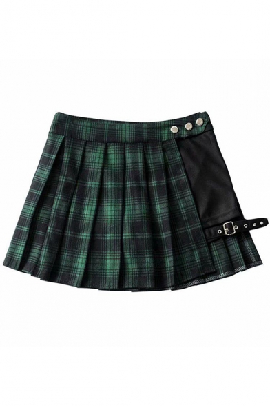 

Vintage High Waist Check Striped Print Button Embellished Mini Pleated A-Line Skirt, Green;red, LM551948