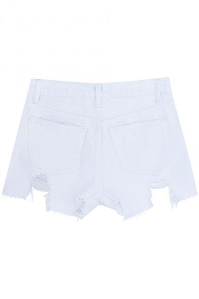 White New Trendy High Waist Distressed Washed Asymmetric Fringe Hem Sexy Club Denim Shorts