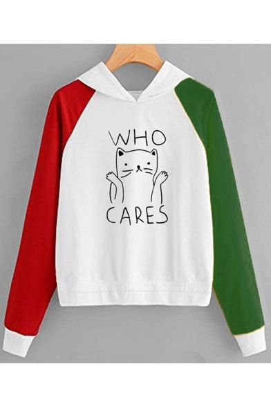 WHO CARES Letter Lovely Cartoon Cat Printed Color Block Long Sleeve Hoodie