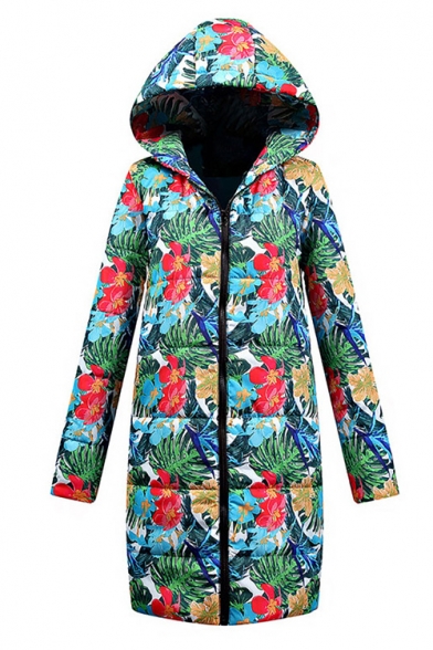 Women's Chic Floral Printed Long Sleeve Hooded Longline Shell Warm Down Coat