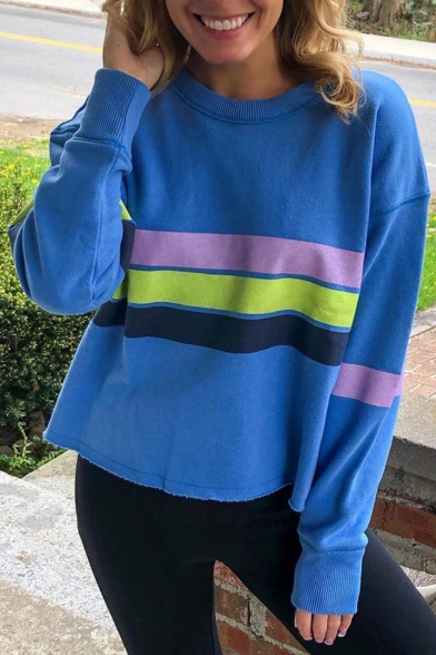 Women's Color block Stripe Print Round Neck Long Sleeve Pullover Sweatshirt