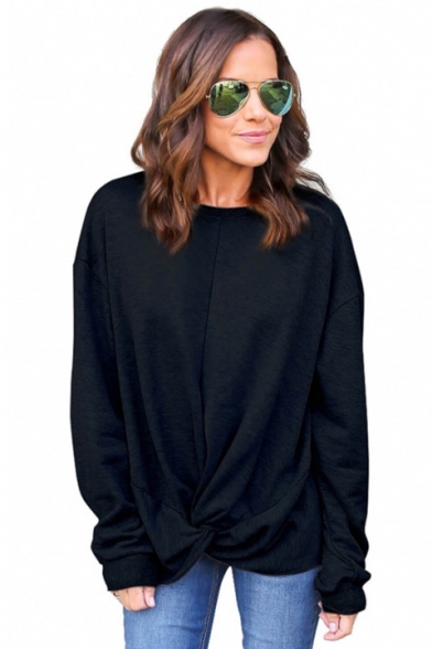 Women's Plain Long Sleeves Twist Hem Pullover Loose Sweatshirt