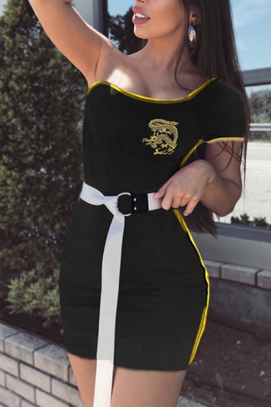Women's Sexy One Shoulder Cap Sleeve Dragon Embroidery Yellow Striped Mini Bodycon Dress