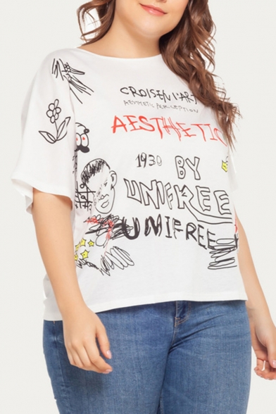 Women's Stylish Simple Letter AESTHE TIC Print Short Sleeve Round Neck Loose White Tee