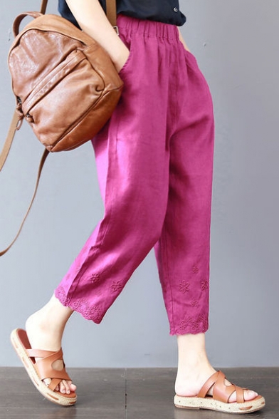 Womens Chic Simple Floral Embroidery Elastic Waist Casual Loose Tapered Harem Pants