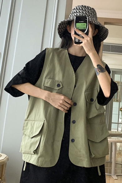 Womens Cool Simple Solid Color Multi-Pocket Sleeveless Button Down Military Vest Jacket