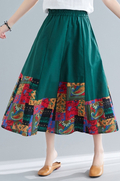 Womens Elegant Elastic Waist Tribal Printed Flared Cotton Linen Midi Skirt