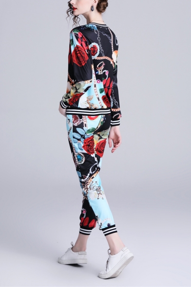 Womens Fashion Blue Printed Zip Jacket with Slim Fitted Pants Two-Piece Set