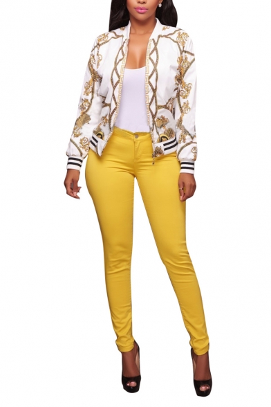Womens Fashion Pattern Long Sleeve Zip Up Fitted Short Jacket