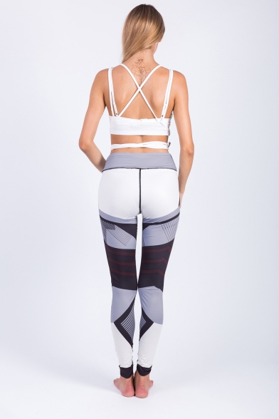 Womens Fashion White Color Block High Rise Bum Lift Slim Fit Yoga Training Leggings Pants