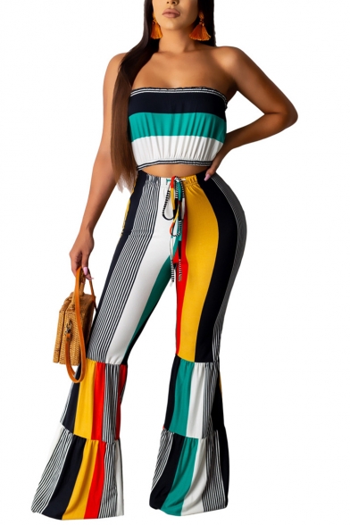 Womens Hot Popular Color Block Bandeau Top with Slim Flared Pants Two-Piece Set