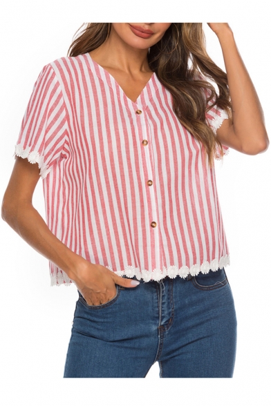 Womens Hot Popular Stripe Printed V-Neck Short Sleeve Button Down Lace Patched Red Shirt Blouse