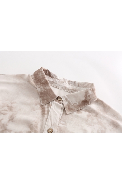 Womens Hot Stylish Tie-dye Print Long Sleeve Lapel Collar Button Front Casual Coffee Shirts