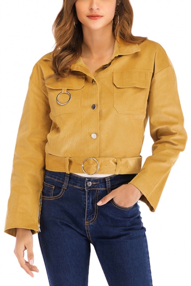 Womens New Arrival Simple Plain Yellow Lapel Collar Long Sleeve Belted Hem Cropped Corduroy Jacket Coat