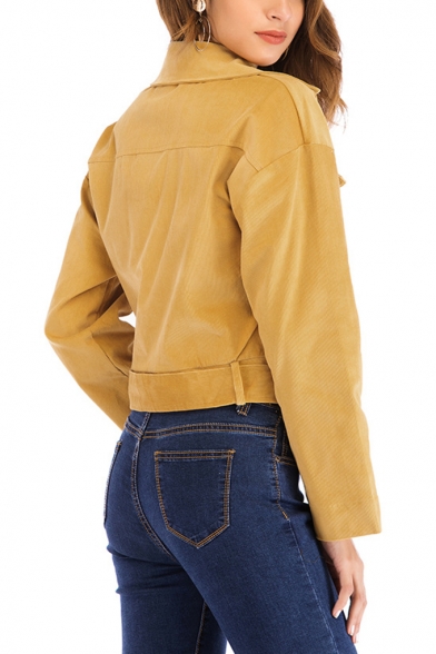 Womens New Arrival Simple Plain Yellow Lapel Collar Long Sleeve Belted Hem Cropped Corduroy Jacket Coat