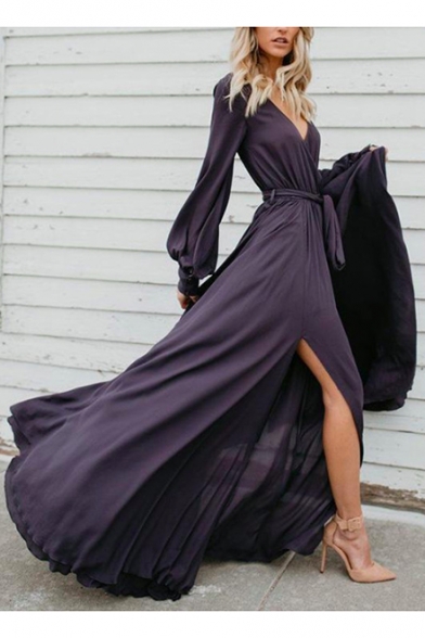 Womens New Fashion V-Neck Long Sleeve Bow-Tied Waist Slit Plain A-Line Maxi Enevning Dress