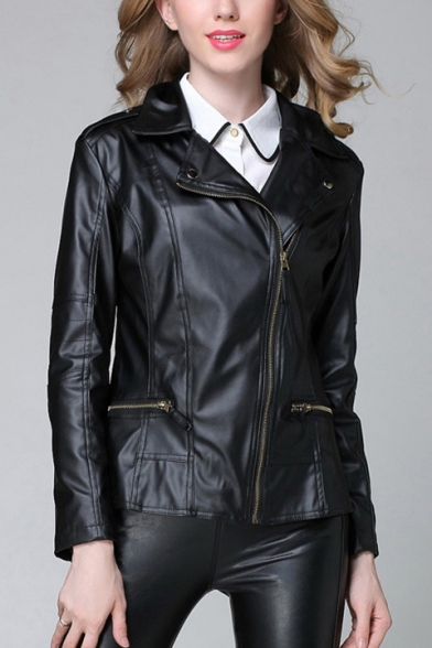 Womens New Stylish Plain Notched Lapel Collar Long Sleeve Zip Up PU Biker Jacket