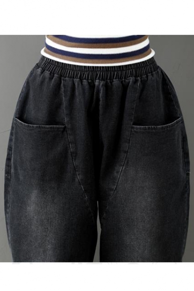 Womens New Stylish Vintage High Elastic Waist Pockets Loose Black Harem Pants