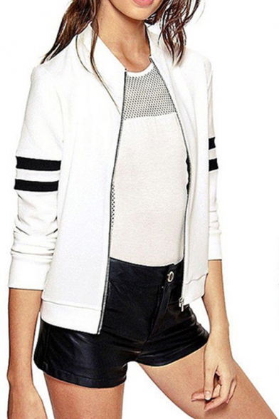 Womens New Trendy Simple Stripe Long Sleeve Zip Up Slim Fit Jacket
