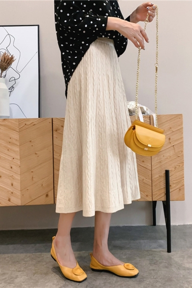 Womens Simple Plain High Waist Slim Fit Midi Flared Knitted A-Line Skirt