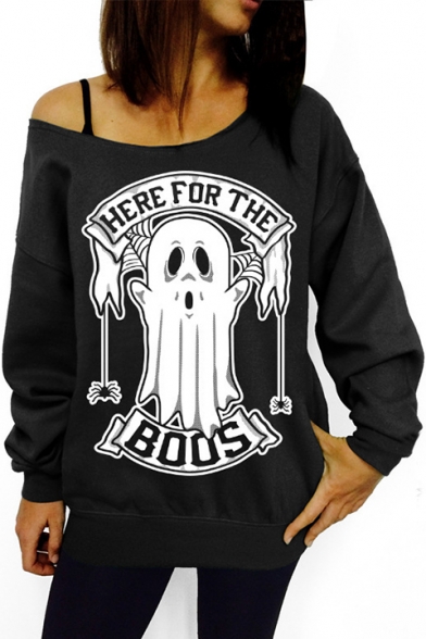 Womens Stylish HERE FOR THE BOOS Letter Printed Cold Shoulder Long Sleeve Black Pullover Sweatshirt