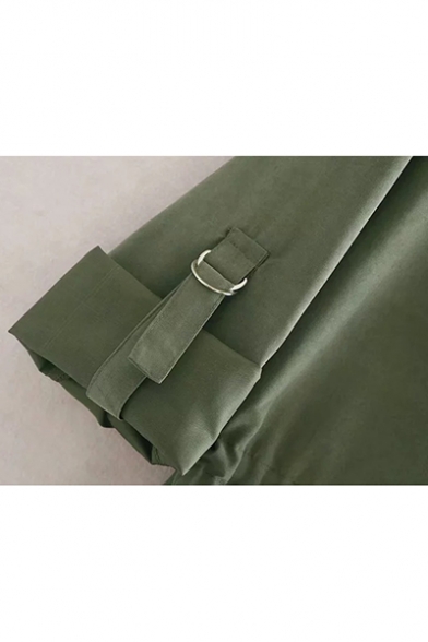 Army Green Collared Neck Long Sleeve Drawstring Waist Long Trench Coat