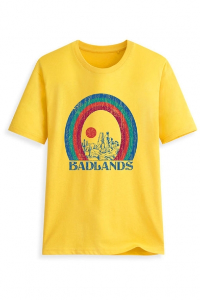 BADLANDS Letter Rainbow Printed Short Sleeve Round Neck Casual Loose Cotton Tee