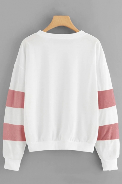 Basic Simple Color Block Round Neck Stripe Long Sleeve Pullover Sweatshirt