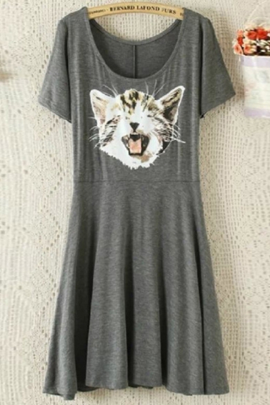 Cartoon Cat Printed Round Neck Short Sleeve Mini Pleated Modal T-Shirt Dress