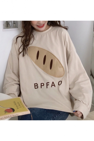 Chic Bread BPFAO Letter Embroidered Round Neck Long Sleeve Apricot Loose Sweatshirt