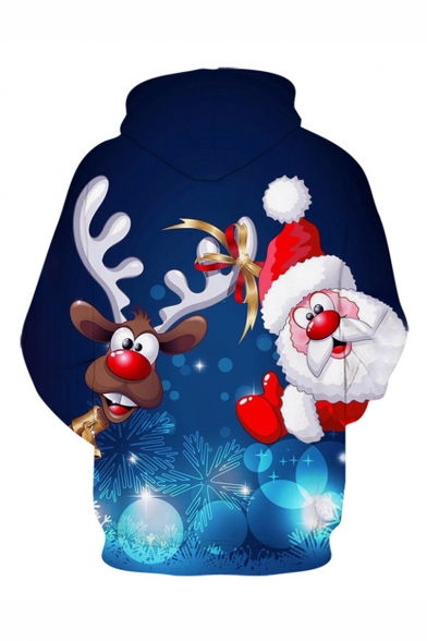 Christmas Cute Moose Santa Claus 3D Printed Long Sleeve Loose Fit Navy Drawstring Pullover Hoodie