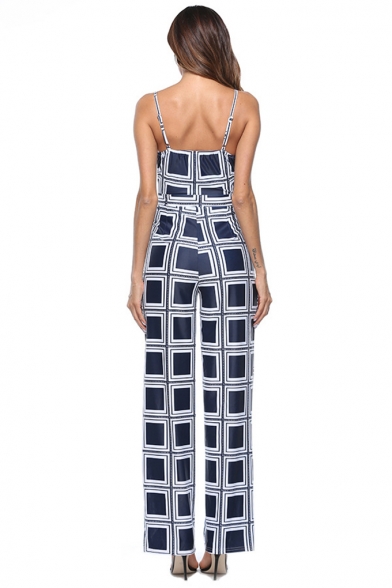Classic Straps Sleeveless Cutout Check Printed Casual Loose Jumpsuits