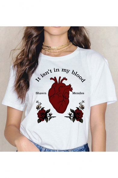Cool Unique Floral Letter IT ISN'T IN MY BLOOD Printed Short Sleeve White Tee