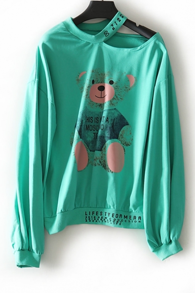 Cute Cartoon Teddy Bear Letter Printed Cold Shoulder Long Sleeve Casual Sweatshirt