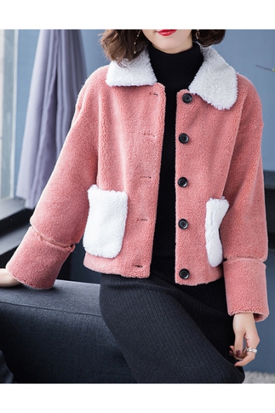 Cute Style Contrast Collar Single Breasted Short Fur Coat with Big Pockets
