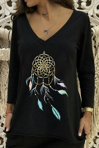 Fashion Dreamcatcher Printed V-Neck Long Sleeve Loose Fitted T-Shirt