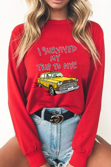 Fashion I SURVIVED MY TRIP TO NYC Letter Car Printed Long Sleeve Round Neck Pullover Sweatshirt