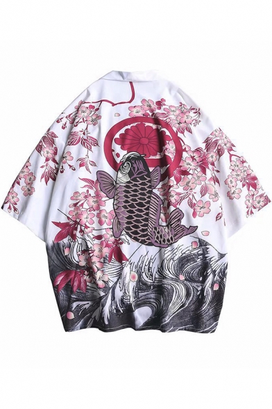 Fashion Ukiyo-e Style Floral Carp Printed Summer Sun Protection Kimono Blouse Shirt