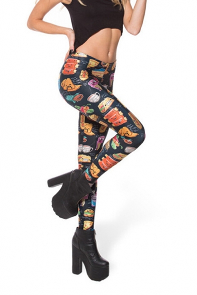 Funny Cartoon Food Pizza Hamburger Printed Skinny Fit Sport Pants Yoga Leggings