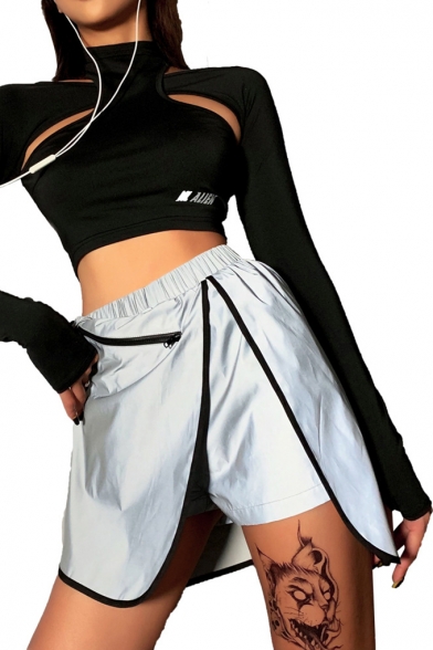 Girls Cool Street Fashion Contrast Piping Metallic Color Silver Mini Skorts Skirt