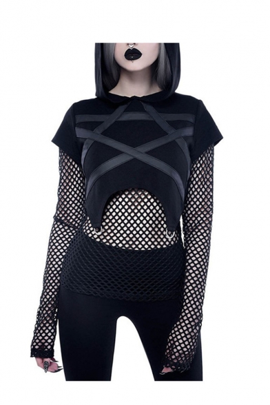 

Gothic Style Black Long Sleeve Sheer Mesh Patch Sexy Hoodie for Women, LM551297