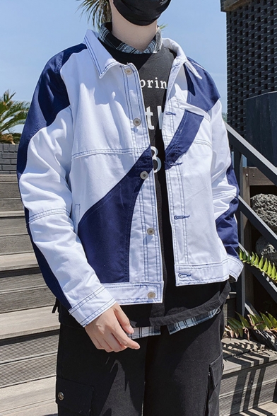 Guys Hot Fashion Colorblock Print Lapel Collar Button Down Blue Denim Jacket
