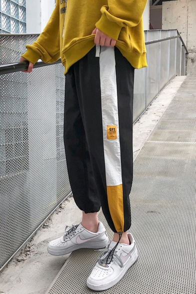 Guys Popular Fashion Colorblock Patched Side Drawstring Cuffs Trendy Track Pants Casual Carrot Pants