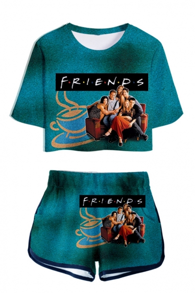 Hot Fashion Friends 3D Figure Printed Short Sleeve Crop Tee with Dolphin Shorts Two-Piece Set