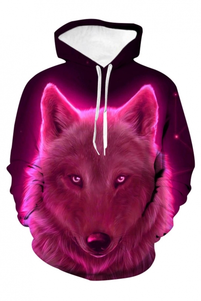 Hot Fashion Purple Aurora Wolf 3D Printed Long Sleeve Loose Drawstring Hoodie