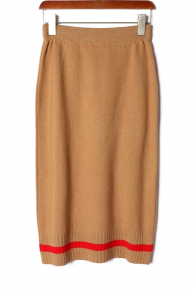 Hot Popular Khaki Elastic Waist Contrast Trim Stretch Midi Knitted Skirt with Pocket