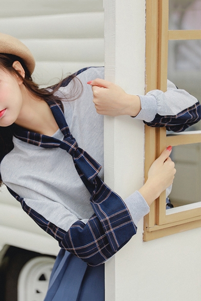 Hot Popular Tied Collar Round Neck Long Sleeve Check Print Patchwork Pullover Sweatshirt