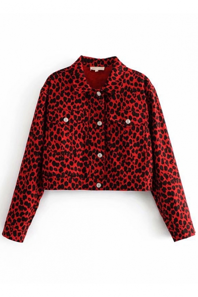 Women Leopard Print Lapel Collar Chest Pockets Long Sleeve Cropped Jacket